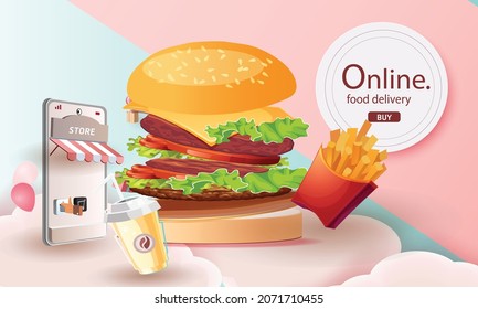 food delivery online on phone orange background vector illustration fastfood design concept business shop promotion transport  to home