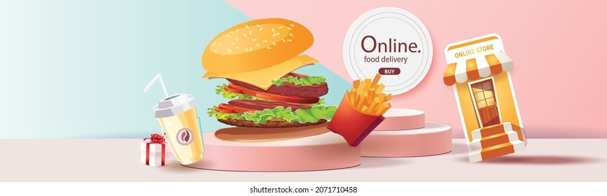 food delivery online on phone orange background vector illustration fastfood design concept business shop promotion transport  to home