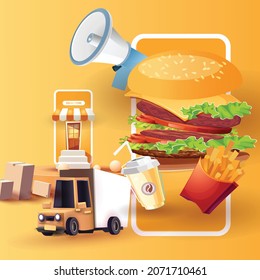 food delivery online on phone orange background vector illustration fastfood design concept business shop promotion transport  to home