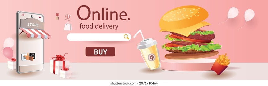 food delivery online on phone orange background vector illustration fastfood design concept business shop promotion transport  to home