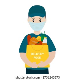 Food delivery online on website or mobile application. 
The courier will safely deliver the order home.Vector illustration flat.