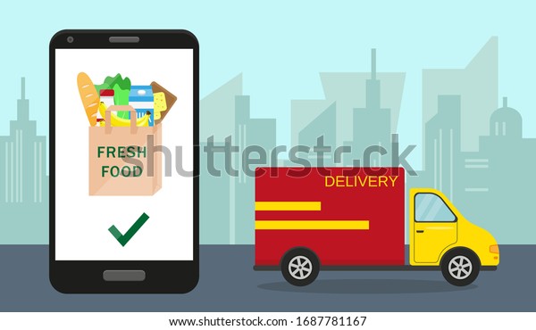 Food delivery and online order concept.\
Smartphone with paper bag full of fresh grocery on the screen and\
delivery van in city.  Vector\
illustration.