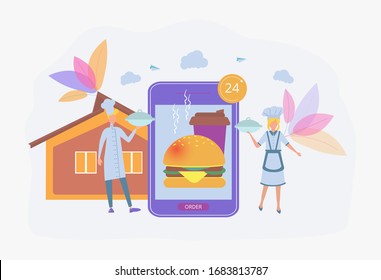 Food delivery, online food ordering. The concept of round-the-clock food, food delivery. Colorful vector illustration.