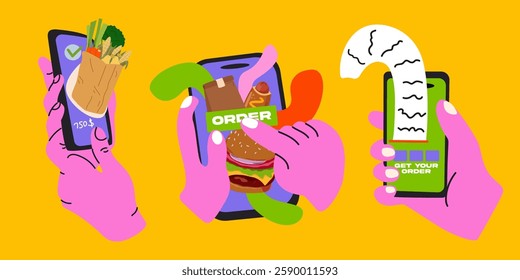 Food delivery online service on mobile phone. Online food order. Internet e-commerce. Abstract bright retro poster for website, banner or delivery site. Modern retro y2k flat vector illustration