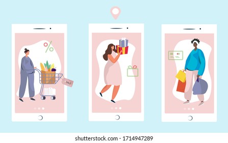 Food Delivery and Online Shopping.  Coronavirus Epidemic.Express Delivery and Online Shopping.Shopping Cart.Food and Boxes Transportation and Online Order on Internet.Flat Vector Illustration