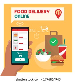 Food Delivery Online: User Ordering A Ready Meal Using A Mobile App, Delicious Fresh Food In The Background