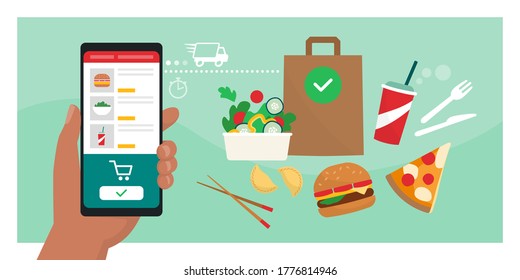 Food delivery online: user ordering a ready meal using a mobile app, delicious fresh food in the background