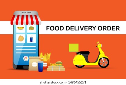 Food delivery order deliver with scooter  illustration in modern fllat style design, can use for advertising, banner. order food online, food delivery business, delivery web page. vector illustration