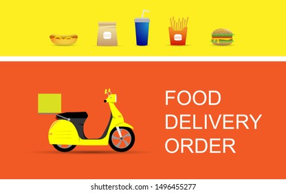 Food delivery order deliver with scooter  illustration in modern fllat style design, can use for advertising, banner. order food online, food delivery business, delivery web page. vector illustration