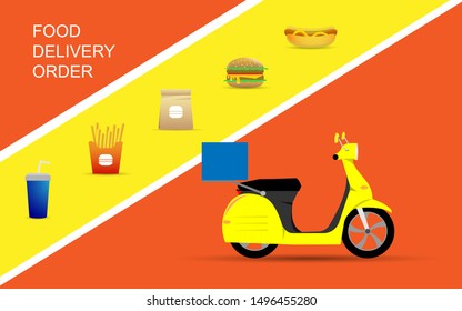 Food delivery order deliver with scooter  illustration in modern fllat style design, can use for advertising, banner. order food online, food delivery business, delivery web page. vector illustration