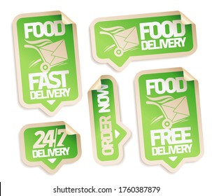 Food delivery, order now, food free delivery, 24/7 delivery - vector stickers set with fast box delivery