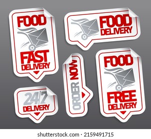 Food delivery, order now, food free delivery, full time delivery - vector stickers set with fast food box on a truck