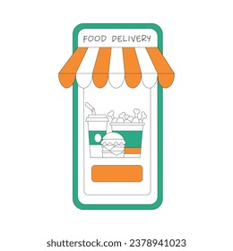 Food Delivery Order with Smartphone Application Screen with Awning Vector Illustration