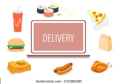 Food delivery ordering concept food picture in laptop screen and delivery man staff vector illustration. Delivery service concept background