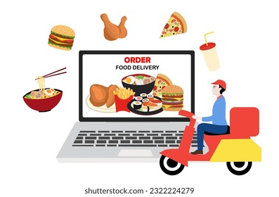 Food delivery ordering concept food picture in  laptop screen and delivery man staff vector illustration. Delivery service concept background

