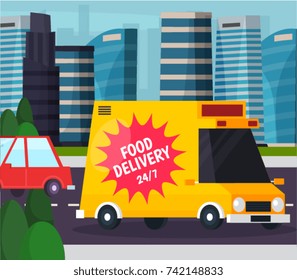 Food delivery orthogonal flat composition with yellow red truck at road on city buildings background vector illustration