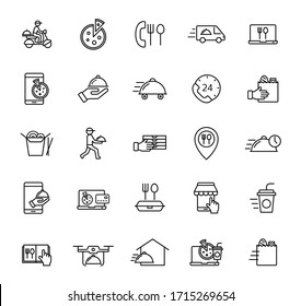Food delivery outline vector icons isolated on white background. 
