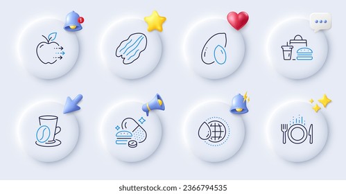 Food, Food delivery and Overeating pills line icons. Buttons with 3d bell, chat speech, cursor. Pack of World water, Pecan nut, Coffee cup icon. Peanut pictogram. For web app, printing. Vector
