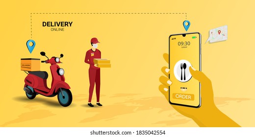 Food delivery package by scooter. Online delivery service. Online shipping application. Concept of web page design for website, banner and mobile website. 3D Perspective Vector illustration