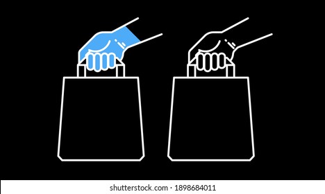 Food delivery paper bag hand icon, lunch linear style sign concept design. Take away fast food simple line vector. Symbol fork and spoon, logo illustration graphics on a black background.