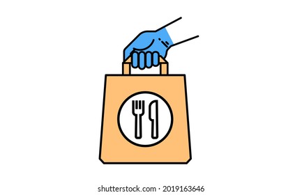 Food delivery paper bag hand icon. lunch linear style sign for mobile concept and web design. Take away fast food simple line vector . Symbol fork and spoon, logo illustration graphics.