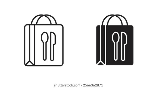 Food delivery paper bag icons in line stroke and flat versions