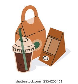 Food delivery paper packaging. Disposable paper bag, takeaway cardboard fast food delivery containers, box and plastic cup flat vector illustration