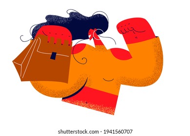 Food delivery, parcel, contactless order concept. Young cheerful smiling female cartoon character holding take away paper bag from delivery and celebrating victory and success vector illustration