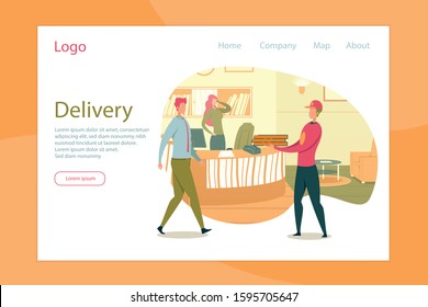 Food Delivery Parcel to Office with Courier Bringing Pizza and Company Workers Cartoon Characters at Workplace. Meal Express Comfortable and Fast Ordering Service. Flat Vector Illustration.