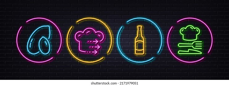 Food delivery, Peanut and Beer minimal line icons. Neon laser 3d lights. Food icons. For web, application, printing. Chef cook, Vegetarian nut, Bar drink. Chef hat. Neon lights buttons. Vector