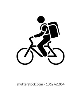 Food delivery person black glyph icon. Meal and groceries delivery. Restaurant takeout. Online food ordering. Bicycle courier. Silhouette symbol on white space. Vector isolated illustration