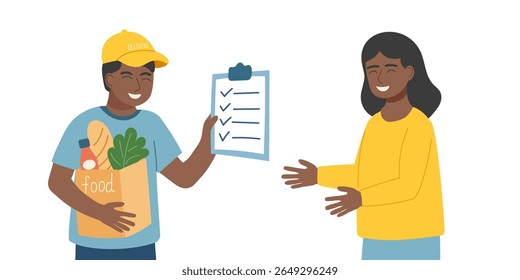 Сoncept of food delivery. The delivery person with checklist and shopping bag gives the package to the customer. Vector flat background. 