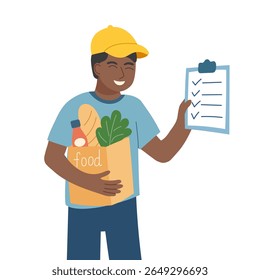 Сoncept of food delivery. The delivery person with checklist and shopping bag. Vector flat background. 