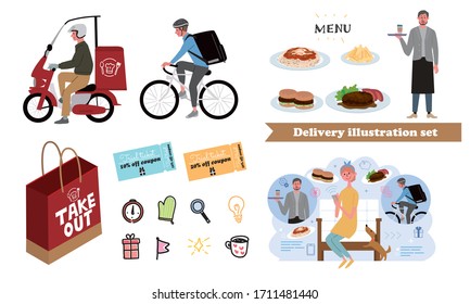 Food delivery and person illustration set