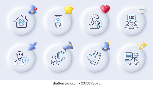 Food delivery, Pet shelter and Add person line icons. Buttons with 3d bell, chat speech, cursor. Pack of Auction, Shield, Augmented reality icon. Moisturizing cream, Heart pictogram. Vector