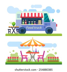 Food delivery. Picnic. Mobile cafe in nature. Truck with food. Outdoor recreation. Vector flat illustration