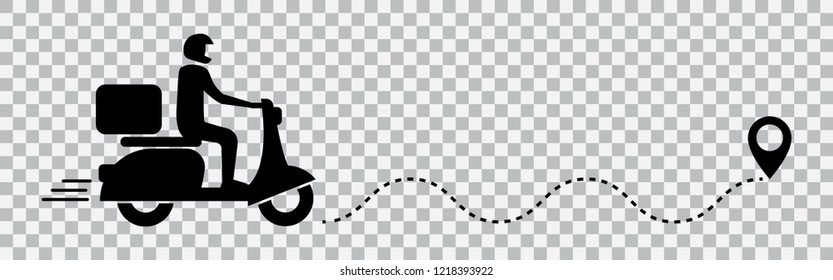 Food delivery pictogram for your designs. A scooter is going to destination. Food delivery service elements  on isolated background. Food service by scooter. Fast delivery. Order is its on way.