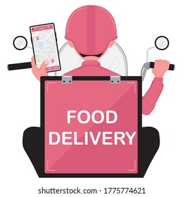 food delivery picture showing a man with scooter holding a phone while riding for food delivery