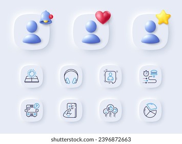 Food delivery, Pie chart and Fitness line icons. Placeholder with 3d bell, star, heart. Pack of Bus parking, Like, Sun energy icon. Headphones, Developers chat pictogram. For web app, printing. Vector