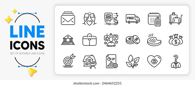 Food delivery, Plants watering and Handbag line icons set for app include Baggage calendar, Check investment, Hiring employees outline thin icon. Meditation eye, Report, Mail pictogram icon. Vector