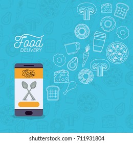 food delivery poster with foods and smartphone app with cutlery vector illustration