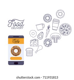 food delivery poster with foods and smartphone app vector illustration