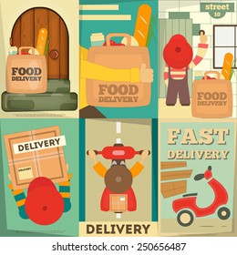 Food Delivery. Posters Set. Flat Character Design. Vector Illustration. Delivery Boy Ride Scooter Motorcycle. Top View.