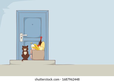 Сontactless food delivery. Products delivered to the door, vector illustration.