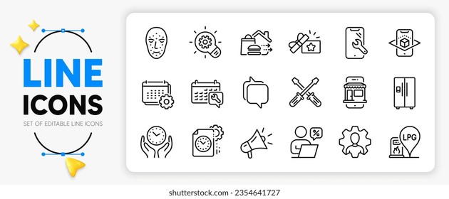 Food delivery, Professional and Megaphone line icons set for app include Smartphone repair, Gas station, Messenger outline thin icon. Refrigerator, Screwdriverl, Marketplace pictogram icon. Vector