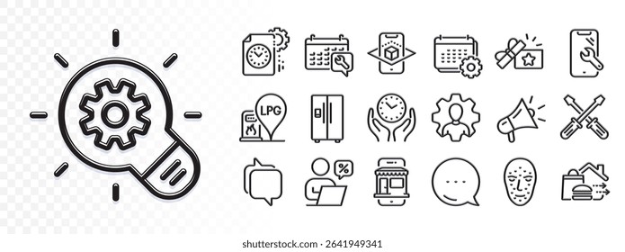 Food delivery, Professional and Megaphone line icons for web app. Glare of light effect. Message icon. Pack of Smartphone repair, Gas station, Messenger pictogram icons. Vector
