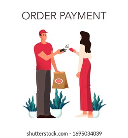 Food delivery and purchuse payment concept. Buying goods and making money transaction on digital device. Woman pay by card. Isolated flat vector illustration