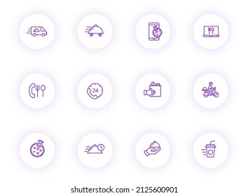 food delivery purple color outline vector icons on light round buttons with purple shadow. food delivery icon set for web, mobile apps, ui design and print