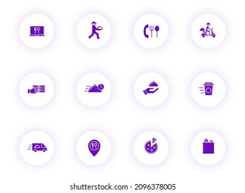 food delivery purple color vector icons on light round buttons with purple shadow. food delivery icon set for web, mobile apps, ui design and print