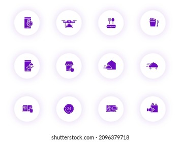 food delivery purple color vector icons on light round buttons with purple shadow. food delivery icon set for web, mobile apps, ui design and print